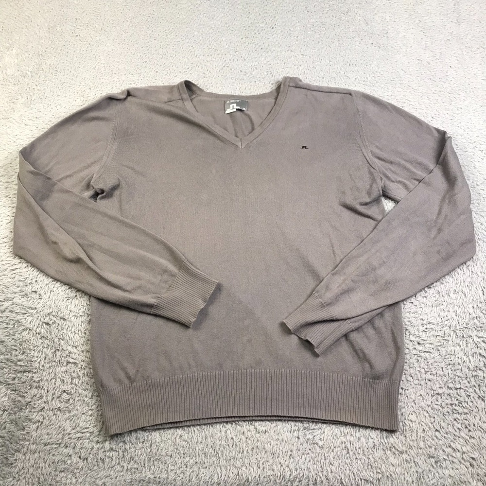 J Lindeberg Sweater Mens XL Gray Cotton Knit V Neck Pullover Made In Italy